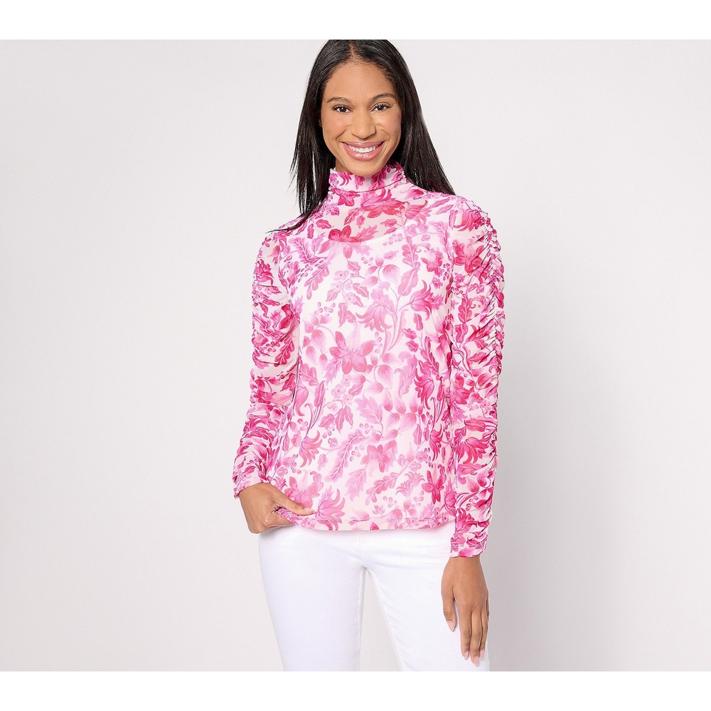 Susan Graver Pink Floral Mesh Mock Neck Ruched Sleeve Top Sheer